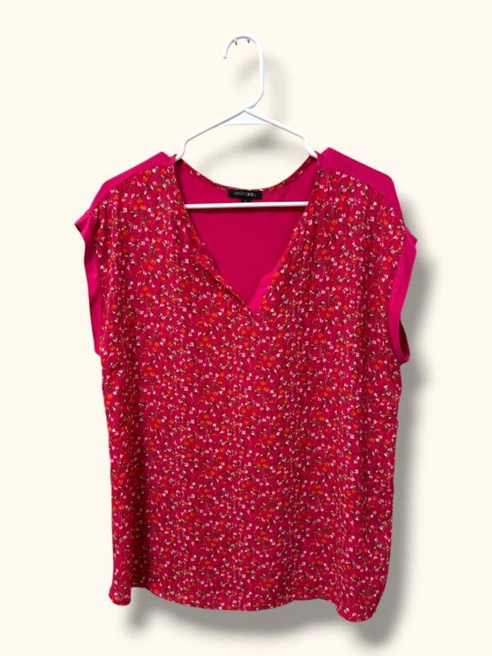 PAPERMOON Top Womens L Pink Floral V-Neck Split Sleeve Tunic Blouse Lightweight